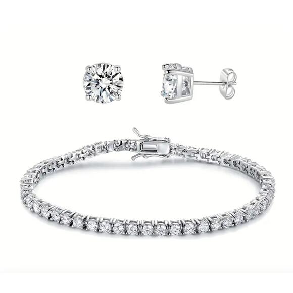 NEW 18K White Gold Plated Zirconia Tennis Bracelet & Four-claw Zirconia Earrings - Picture 1 of 7